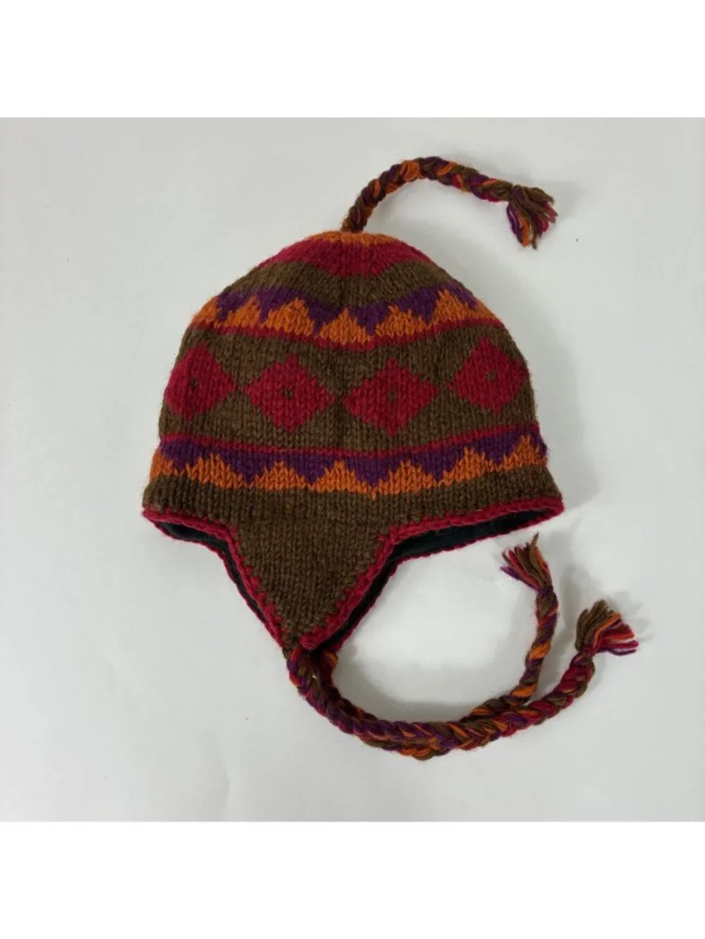Nepalese 100% Wool Chullo Hat Fleece Lined Ear Flap Boho Hippie Multicolor